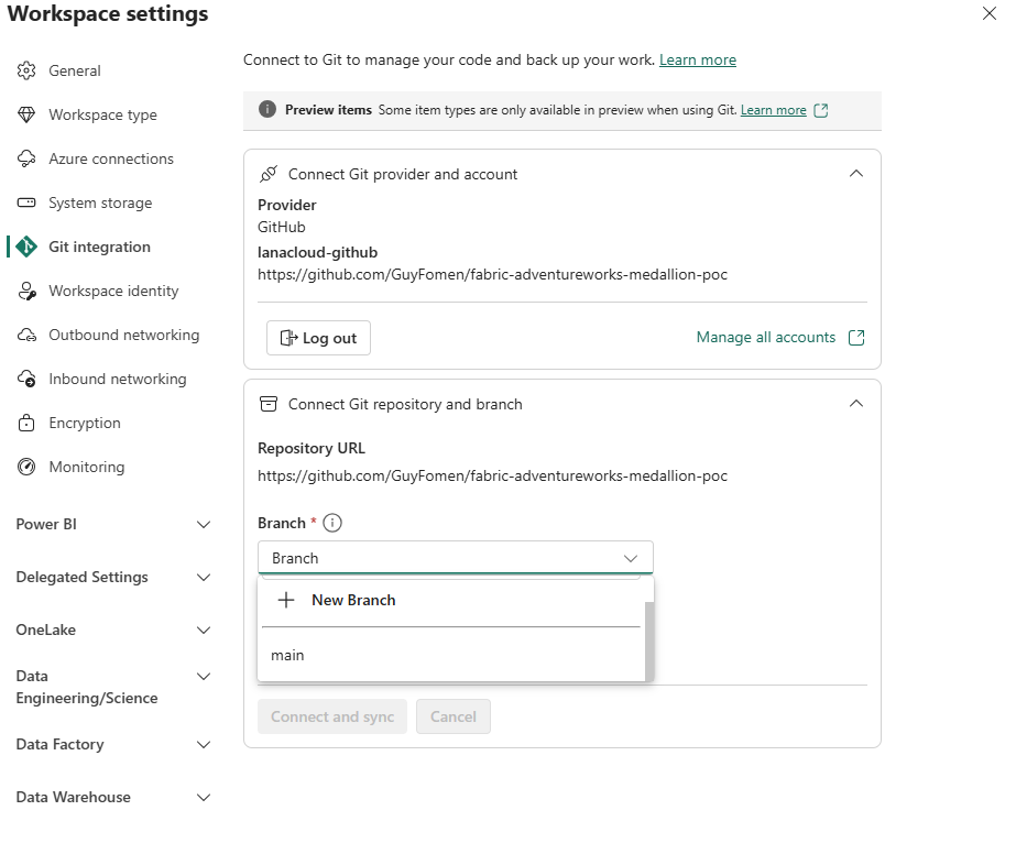 Branch dropdown showing New Branch option and main branch after creating it in GitHub